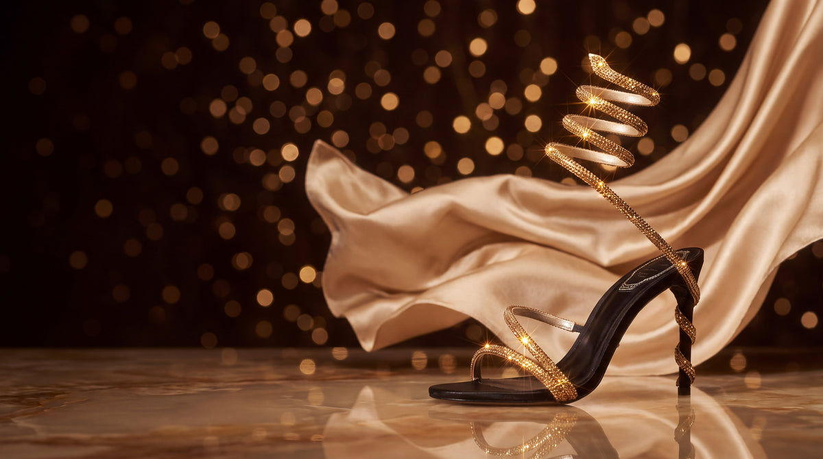 NAHJ Women banner v2 — crystal sandal on onyx with champagne silk and candlelight (desktop)